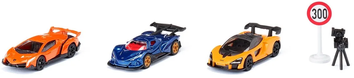 SIKU 6328, Cadeauset Supercars, Lamborghini Veneno, Apollo I.E., McLaren Senna, beweegbare onderdelen, incl. verkeersbord en flitspaal de Siku en Multicolore – photo du produit