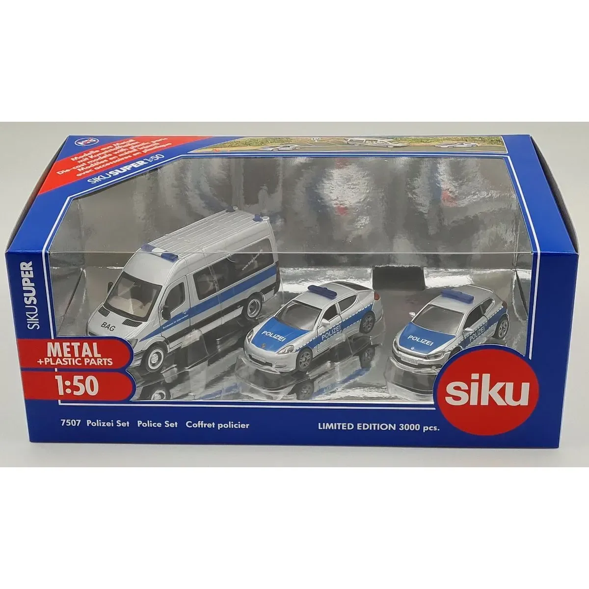 SIKU 7507 Polizei Fahrzeuge Set Sprinter Porsche Scirocco, 1:50 von Siku – Produktfoto