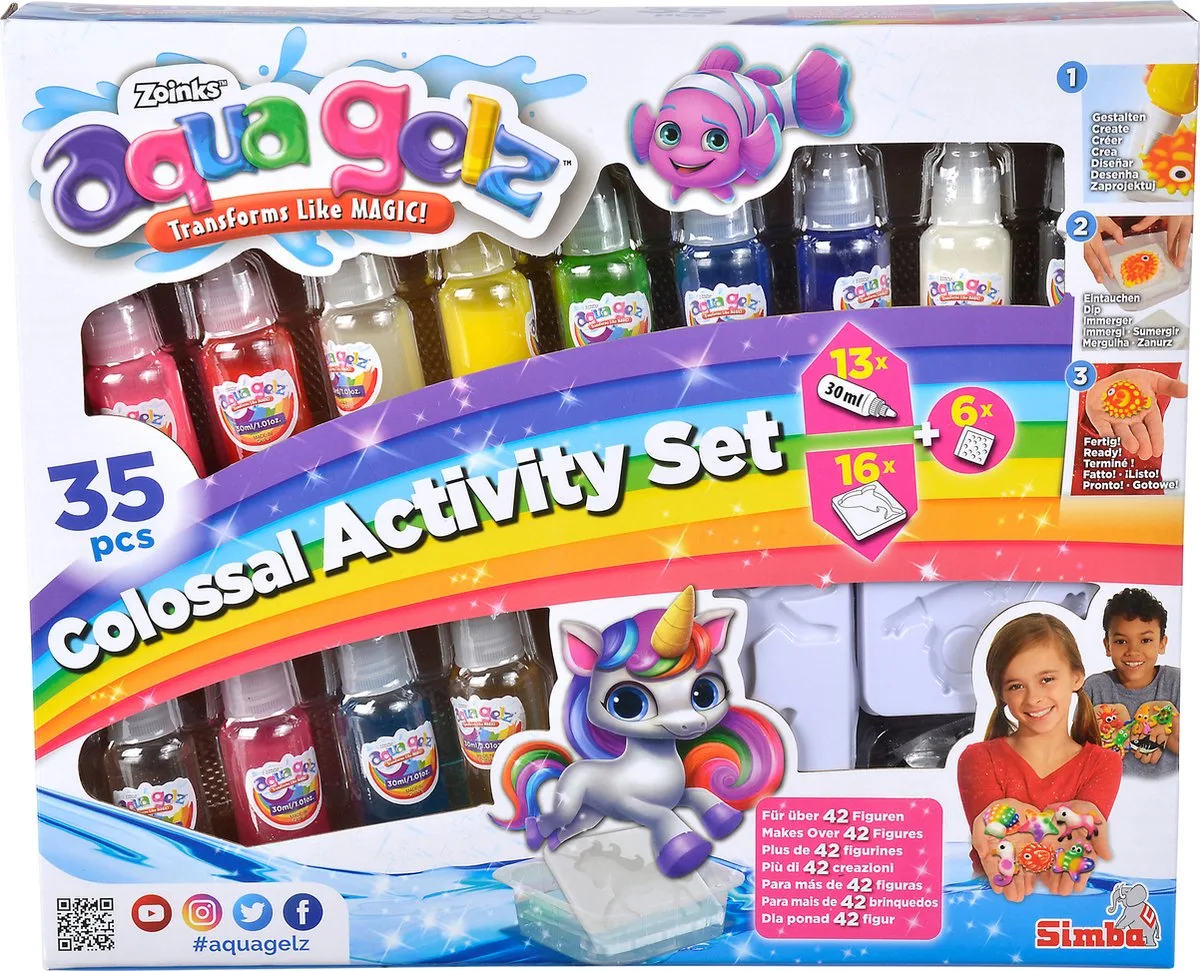 Aqua Gelz Colossal Set, 13 flesjes kleurgel, elk 30ml, 16 mallen, 6x additief, vanaf 8 jaar - Hobbypakket från Simba i Flerfärgad – produktbild