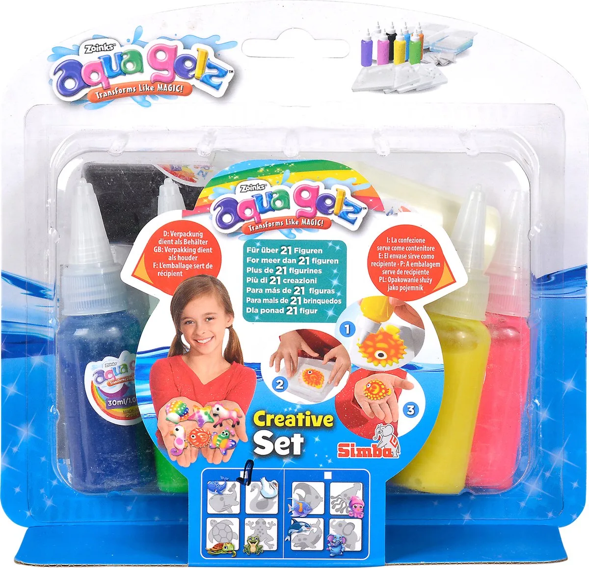 Aqua Gelz Creative Set, 7 flesjes kleurgel van 30ml, 4 mallen, 4x wateradditief, vanaf 8 jaar - Hobbypakket van Simba in Meerkleurig – productfoto