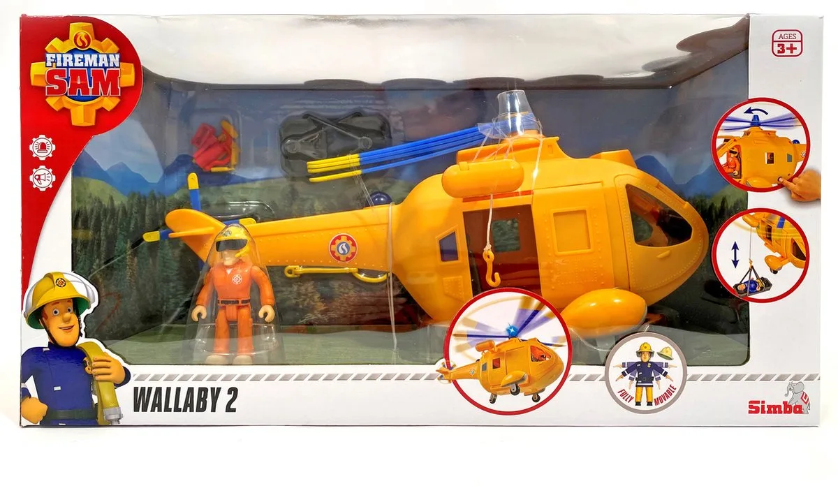 Brandweerman Sam - Helikopter Wallaby II met figuurtje van Simba in Geel – productfoto