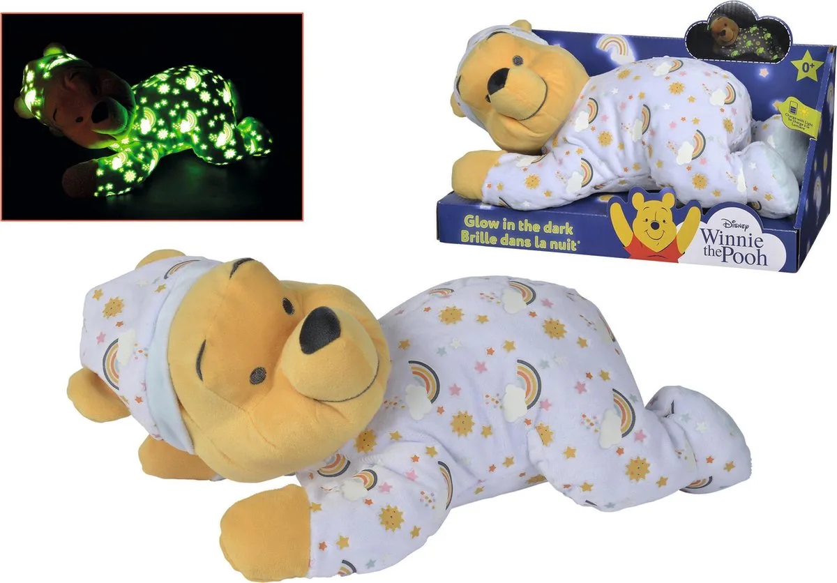 Disney - Winnie de Poeh - Glow in the dark - Liggend Wit- 30 cm - Knuffel de Simba en Jaune – photo du produit