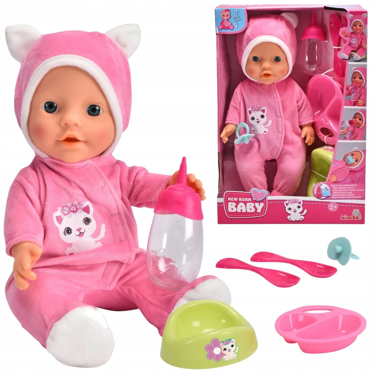 Lalka New Born Baby Słodki Bobas w Kociej Piżamie 30 cm z Akcesoriami från Simba i Rosa – produktbild