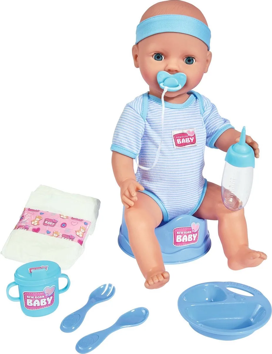 New Born Baby - Babypop - 43 cm - slapende ogen - drink en plasfunctie - babypop fra Simba i Blå – produktbillede