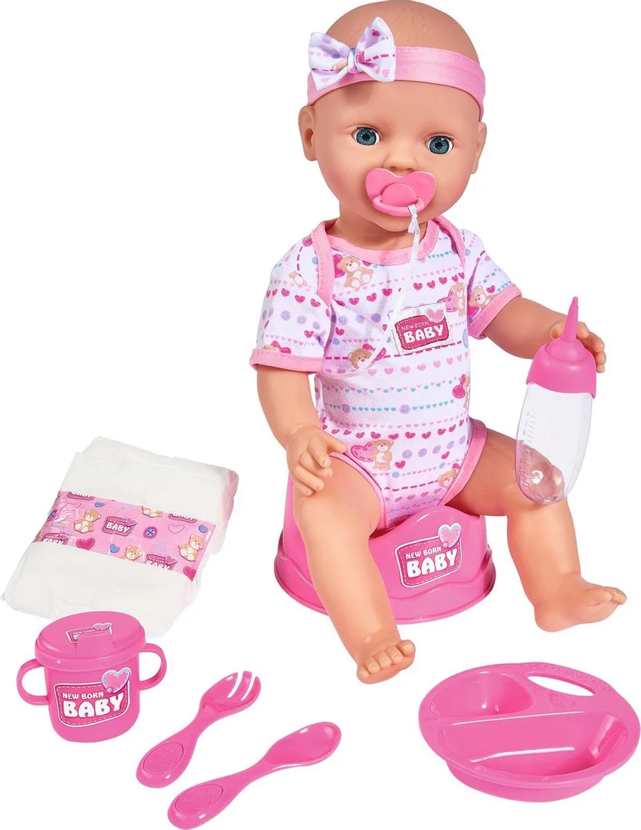 New Born Baby - Babypop - 43 cm - slapende ogen - drink en plasfunctie - babypop by Simba in Pink – product photo