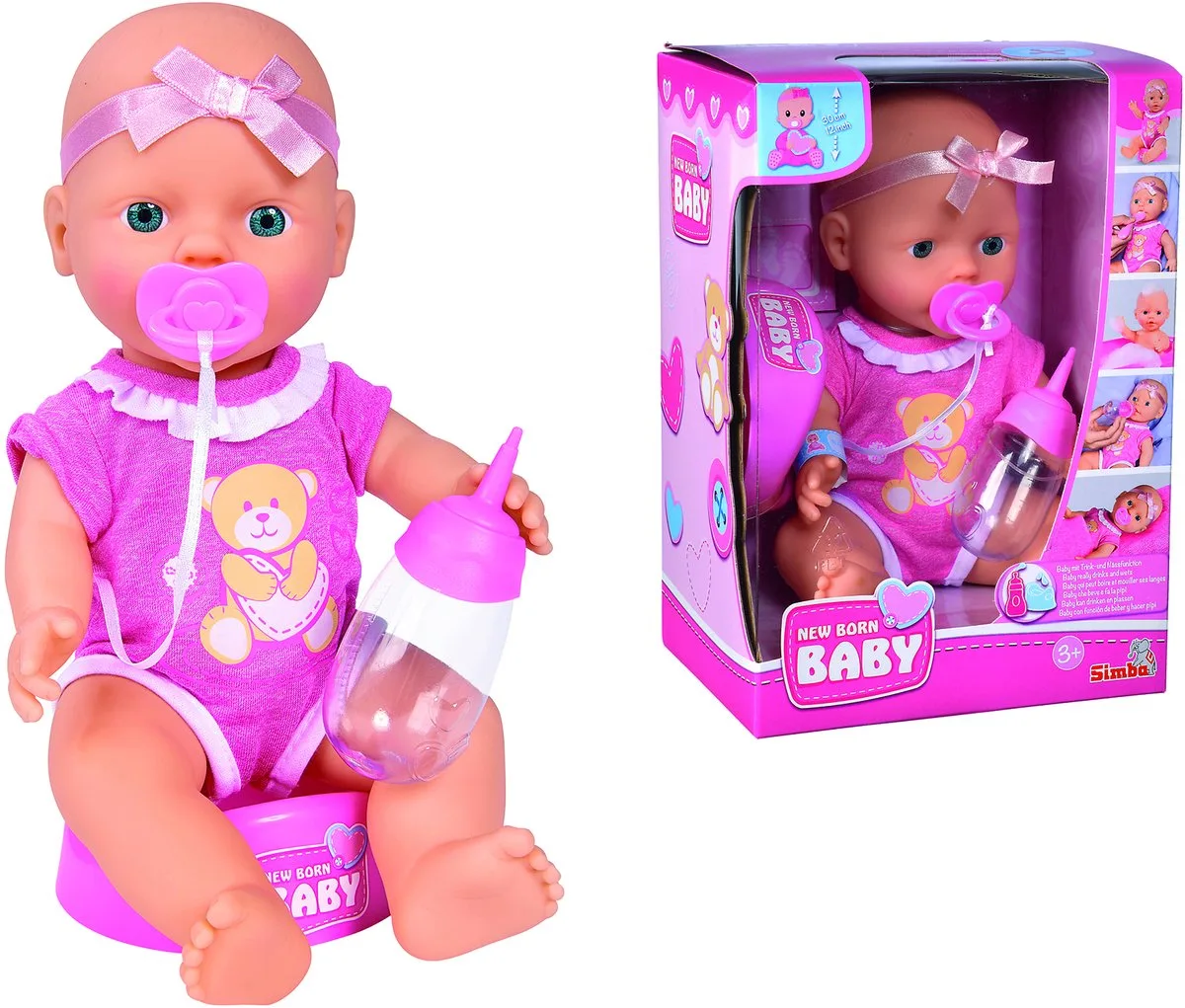 New Born Baby - Cute Doll - 30cm - Drink en plasfunctie - Babypop de Simba en Rose – photo du produit