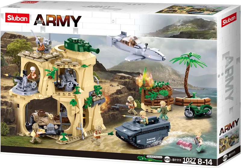 Army WWII De Slag om Iwo Jima bouwspeelgoed – Constructiespeelgoed modelbouw – bouwdoos met 1107 bouwstenen – M38-B1111 vanaf 8 jaar by Sluban in Army WWII Veldslag De Slag om Iwo Jima – product photo