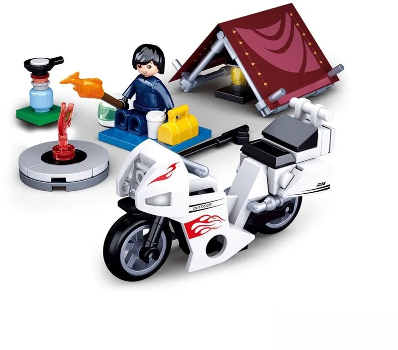 bouwspeelgoed kinderen vanaf 6 jaar – Constructiespeelgoed modelbouw motor met tent – bouwdoos met 77 bouwstenen en 1 minifiguur – M38-B0717E by Sluban in Town Motorrijder op de Camping – product photo