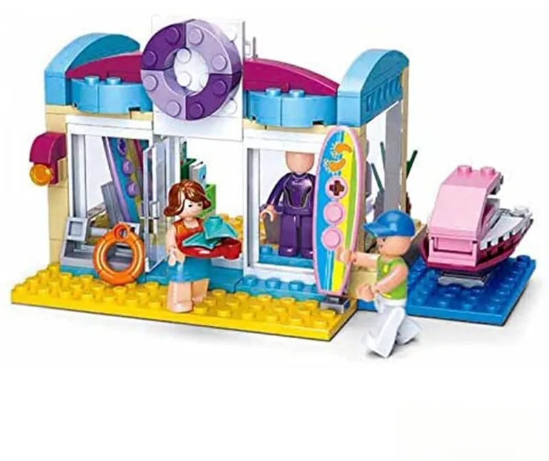 bouwspeelgoed kinderen vanaf 6 jaar – Constructiespeelgoed modelbouw winkel aan het water – bouwdoos met 180 bouwstenen en 3 minifiguren – M38-B0603 von Sluban in Girls Dream Watersports Store – Produktfoto