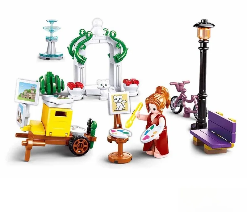 bouwspeelgoed kinderen vanaf 6 jaar – Constructiespeelgoed modelbouw park scène – bouwdoos met 114 bouwstenen en 1 minifiguur – M38-B0869 by Sluban in Girls Dream Village Park schilder – product photo