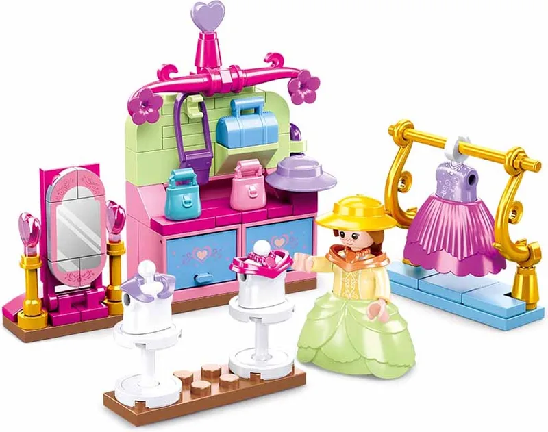 bouwspeelgoed kinderen vanaf 6 jaar – Constructiespeelgoed modelbouw winkelset – bouwdoos met 103 bouwstenen en 1 minifiguur – M38-B0903 by Sluban in Girls Dream Vintage Kledingwinkel – product photo