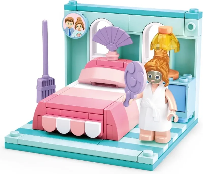 bouwspeelgoed kinderen vanaf 6 jaar – Constructiespeelgoed modelbouw mini kamer – bouwdoos met 109 bouwstenen en 1 minifiguur – M38-B0757F de Sluban en Mini Handcraft Slaapkamer – photo du produit