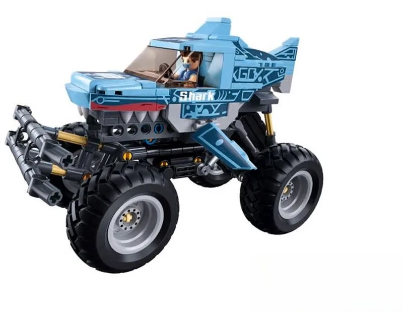 bouwspeelgoed kinderen vanaf 6 jaar – Constructiespeelgoed modelbouw monstertruck – bouwdoos met 273 bouwstenen en 1 minifiguur – M38-B1163 by Sluban in PowerBricks Bigfoot Blauw – product photo