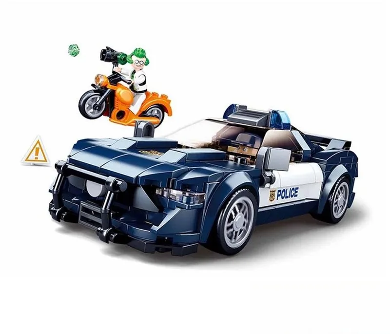 bouwspeelgoed kinderen vanaf 6 jaar – Constructiespeelgoed modelbouw politieauto – bouwdoos met 284 bouwstenen en 2 minifiguren – M38-B1063 van Sluban in Town Snelle Politieauto – productfoto