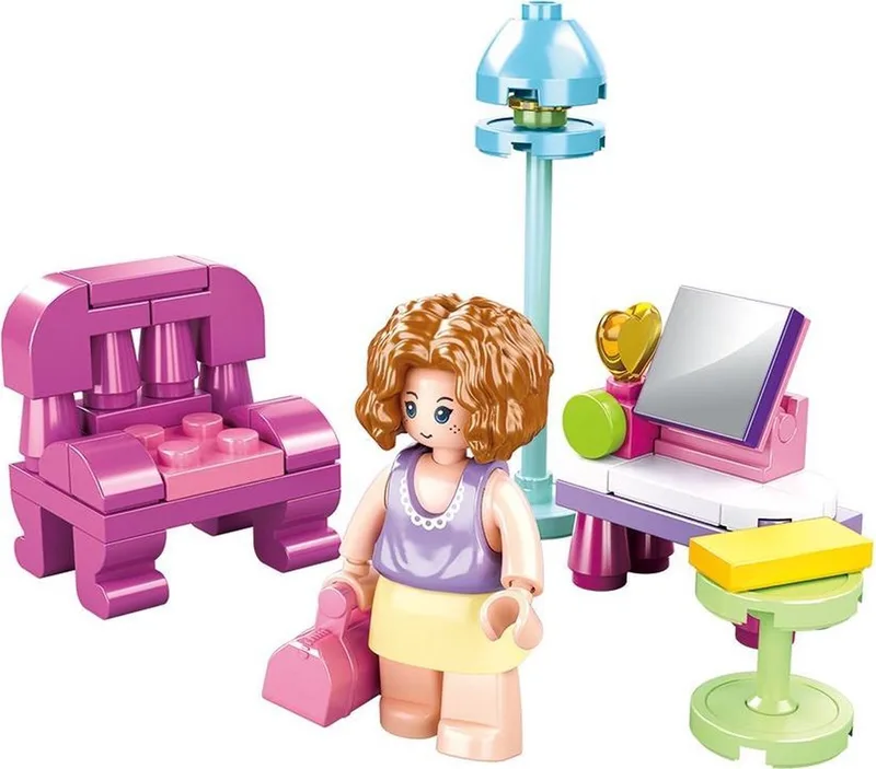 bouwspeelgoed kinderen vanaf 6 jaar – Constructiespeelgoed modelbouw woonkamer set – bouwdoos met 56 bouwstenen en 1 minifiguur – M38-B0800C by Sluban in Girls Dream Woonkamer – product photo