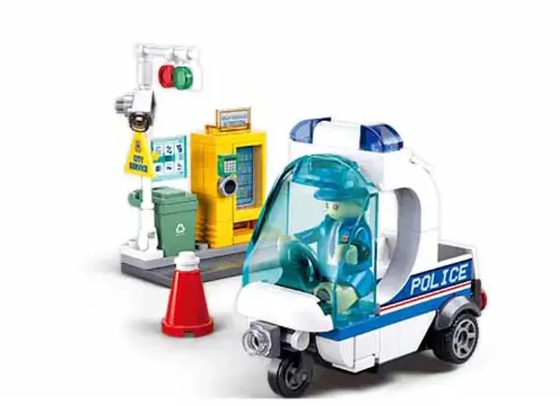 bouwspeelgoed kinderen vanaf 6 jaar – Constructiespeelgoed modelbouw – bouwdoos met 113 bouwstenen – M38-B1217A von Sluban in Politie Driewieler – Produktfoto