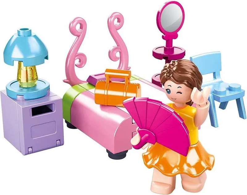 bouwspeelgoed kinderen vanaf 6 jaar – Constructiespeelgoed modelbouw slaapkamer interieur – bouwdoos met 42 bouwstenen en 1 minifiguur – M38-B0800D von Sluban in Girls Dream Slaapkamer – Produktfoto