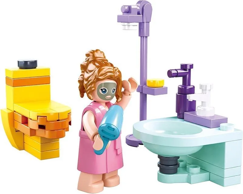 bouwspeelgoed kinderen vanaf 6 jaar – Constructiespeelgoed modelbouw badkamer set – bouwdoos met 50 bouwstenen en 1 minifiguur – M38-B0800A by Sluban in Girls Dream Badkamer – product photo