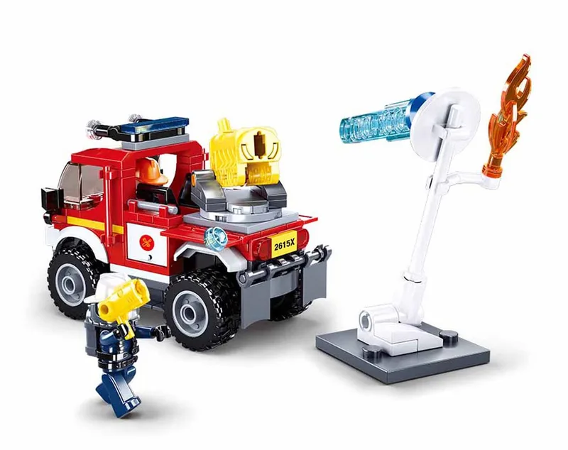 bouwspeelgoed kinderen vanaf 6 jaar – Constructiespeelgoed modelbouw brandweer voertuig – bouwdoos met 192 bouwstenen en 2 minifiguren – M38-B0965 van Sluban in Brandweer Off-road met Waterkanon – productfoto