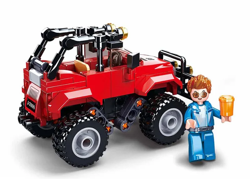bouwspeelgoed kinderen vanaf 6 jaar – Constructiespeelgoed modelbouw – bouwdoos met 135 bouwstenen en 1 minifiguur – M38-B0902 de Sluban en Town Rode Jeep – photo du produit