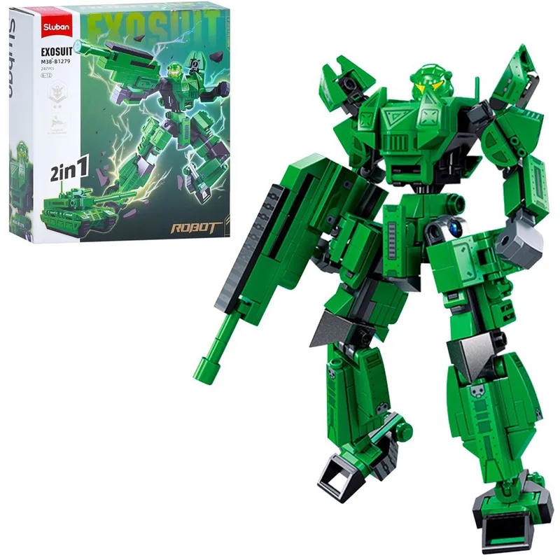 Exosuit Army Tank bouwspeelgoed 2in1 actiefiguur – Constructiespeelgoed – bouwset met 244 bouwstenen – M38‑B1279 – vanaf 6 jaar by Sluban in 2 in 1 Robot Army tank – product photo