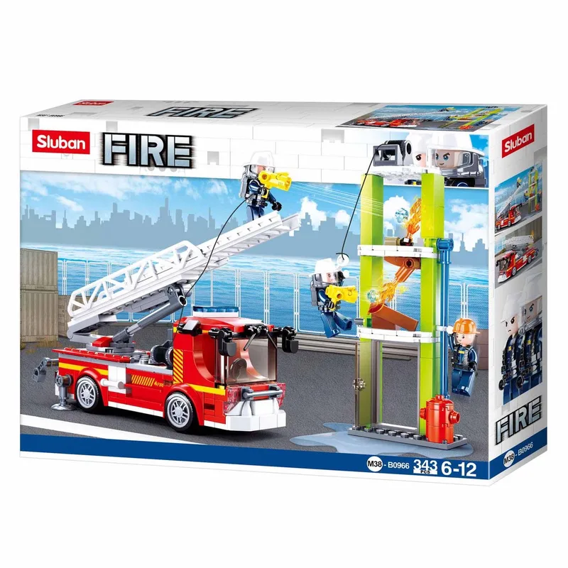 Fire Brandweerauto met telescoopladder ladderauto bouwspeelgoed kinderen vanaf 6 jaar – Constructiespeelgoed bouwdoos met 343 bouwstenen – M38-B0966 by Sluban in Brandweerauto met telescooplader – product photo