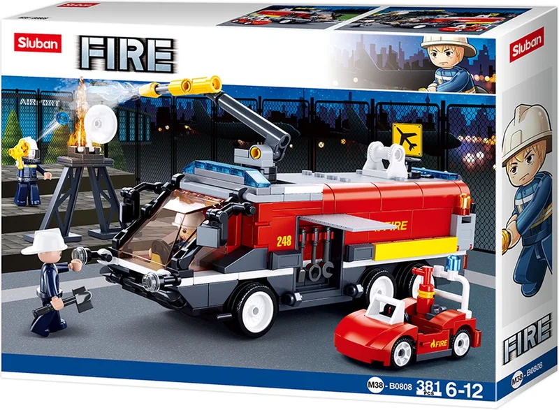Fire Brandweerwagen vliegveld bouwspeelgoed kinderen vanaf 8 jaar – Constructiespeelgoed bouwdoos met 381 bouwstenen – M38‑B0808 by Sluban in Airport Fire Rescue – product photo