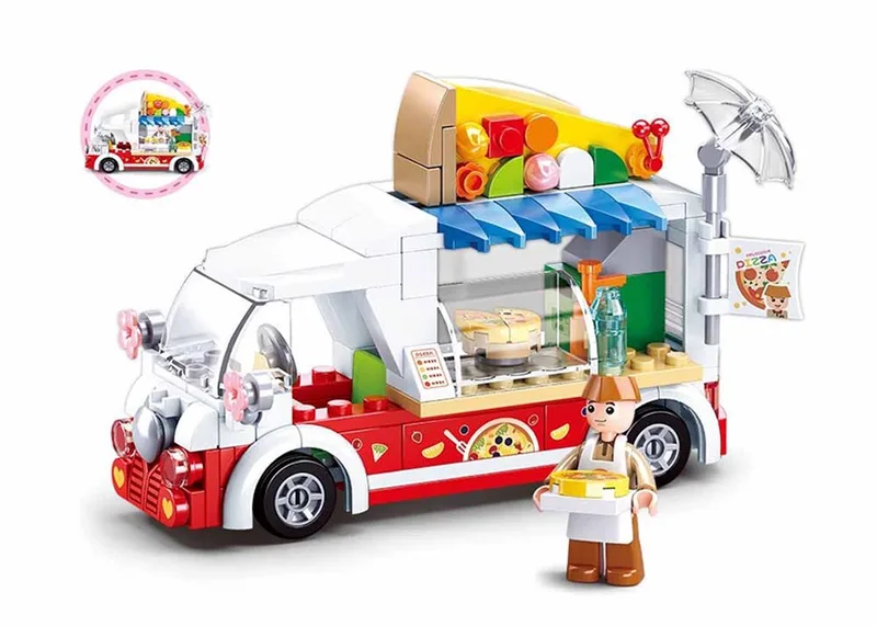Girls Dream Pizza Wagen bouwspeelgoed kinderen vanaf 6 jaar – Constructiespeelgoed modelbouw – bouwdoos met 156 bouwstenen en 1 minifiguur – M38-B0993D de Sluban en Girls Dream Pizzawagen – photo du produit