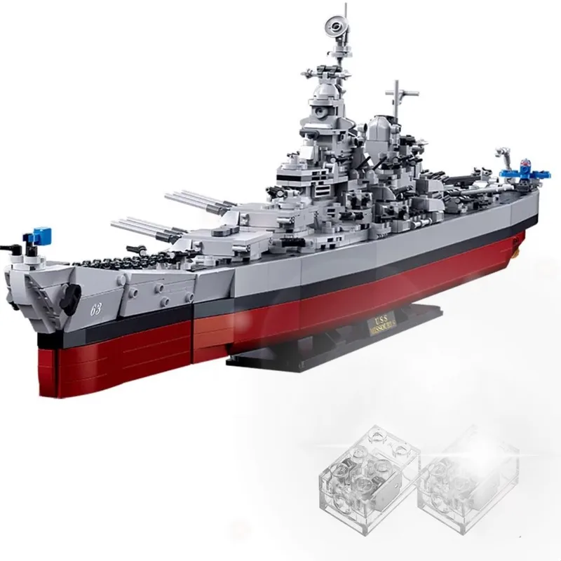 M38-B1291 - USS Missouri Slagschip bouwset incl. LED verlichtingen | WW2 Army boot constructie modelbouw | Educatief militair & leger speelgoed bouwpakketten voor kinderen & volwassenen | Blok formaat 4.9mm | Bouwdoos met 1741 bouwstenen van Sluban in USS Missouri Slagschip met LED – productfoto