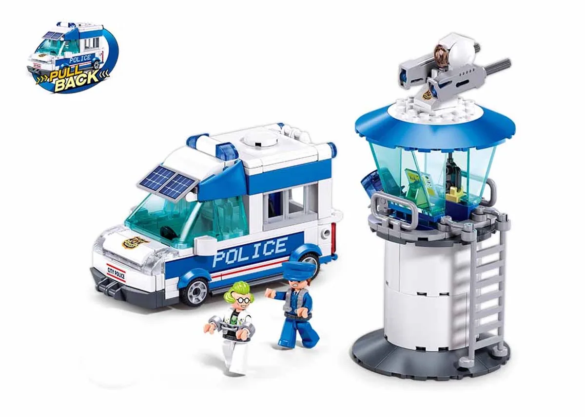Metropolis Politievoertuig met toren bouwspeelgoed kinderen vanaf 6 jaar – constructiespeelgoed modelbouw – bouwdoos met 245 bouwstenen – M38-B1218 by Sluban in Politietransport – product photo