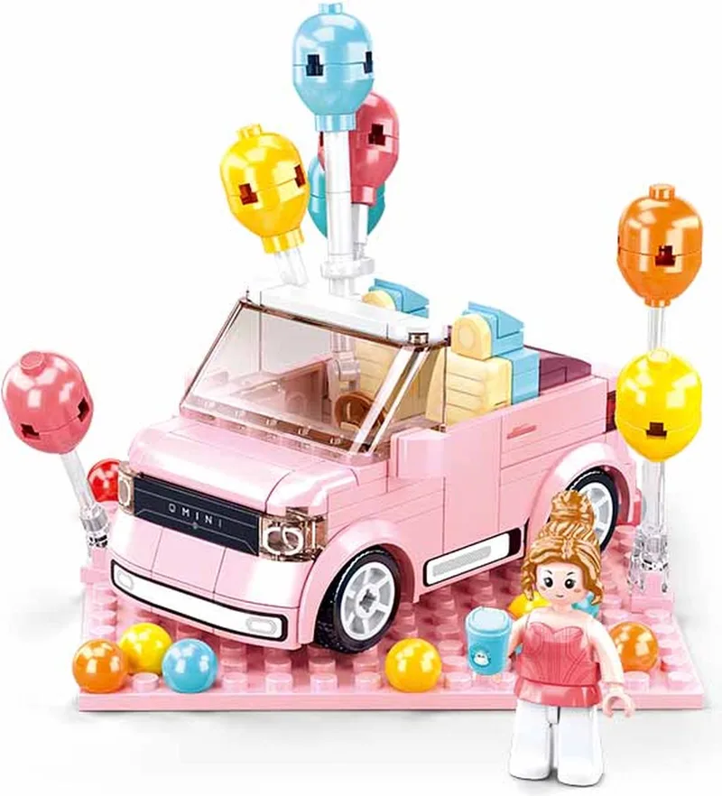 MiniQ Mini Cabrio bouwspeelgoed kinderen vanaf 8 jaar – Constructiespeelgoed modelbouw – bouwdoos met 245 bouwstenen en 1 minifiguur – M38-B1086 by Sluban in Roze – product photo