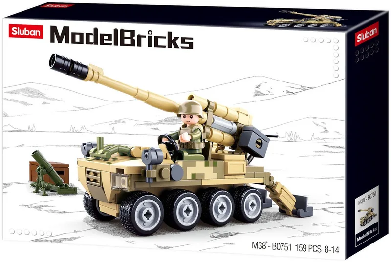 Model Bricks 8x8 Mobiel Kanon bouwspeelgoed kinderen vanaf 6 jaar - Constructiespeelgoed modelbouw - bouwdoos met 161 bouwstenen - M38-B0751 by Sluban in Bruin – product photo