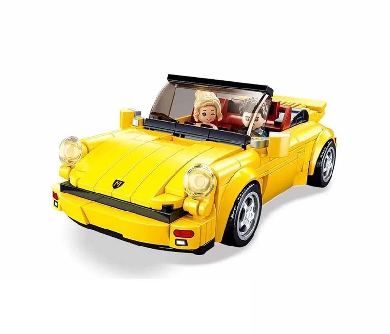 ModelBricks bouwspeelgoed kinderen vanaf 8 jaar – Constructiespeelgoed modelbouw raceauto – bouwdoos met 290 bouwstenen en 2 minifiguren – M38-B1097 by Sluban in Duitse Gele Sportwagen – product photo