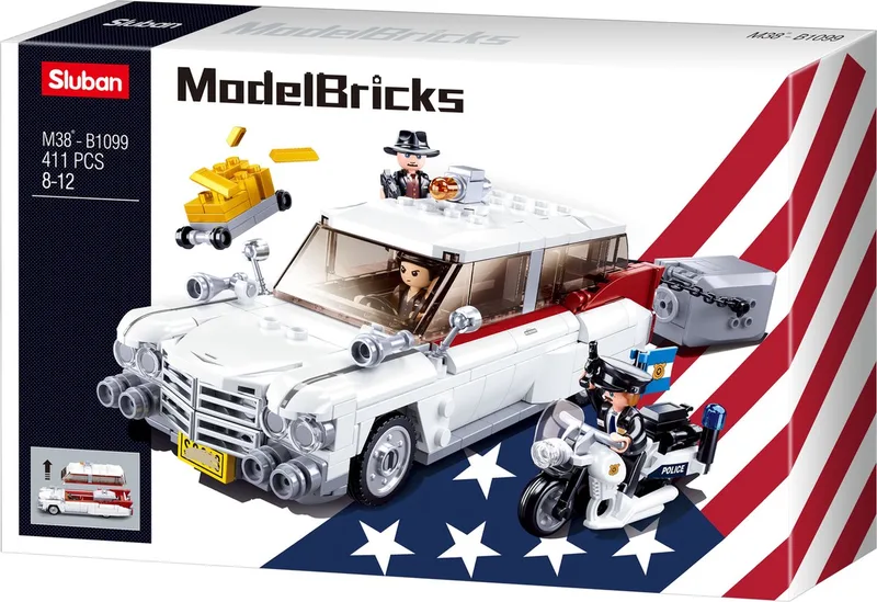 ModelBricks bouwspeelgoed kinderen vanaf 8 jaar – constructiespeelgoed modelbouw – bouwdoos met 411 bouwstenen – M38-B1099 by Sluban in Amerikaanse overvallerswagen – product photo