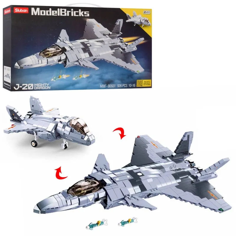 ModelBricks J-20 Fighter Mighty Dragon vliegtuig bouwspeelgoed vanaf 10 jaar – constructiespeelgoed modelbouw – bouwdoos met 926 bouwstenen – M38-B0931 by Sluban in Vliegtuig J-20 Mighty Dragon – product photo