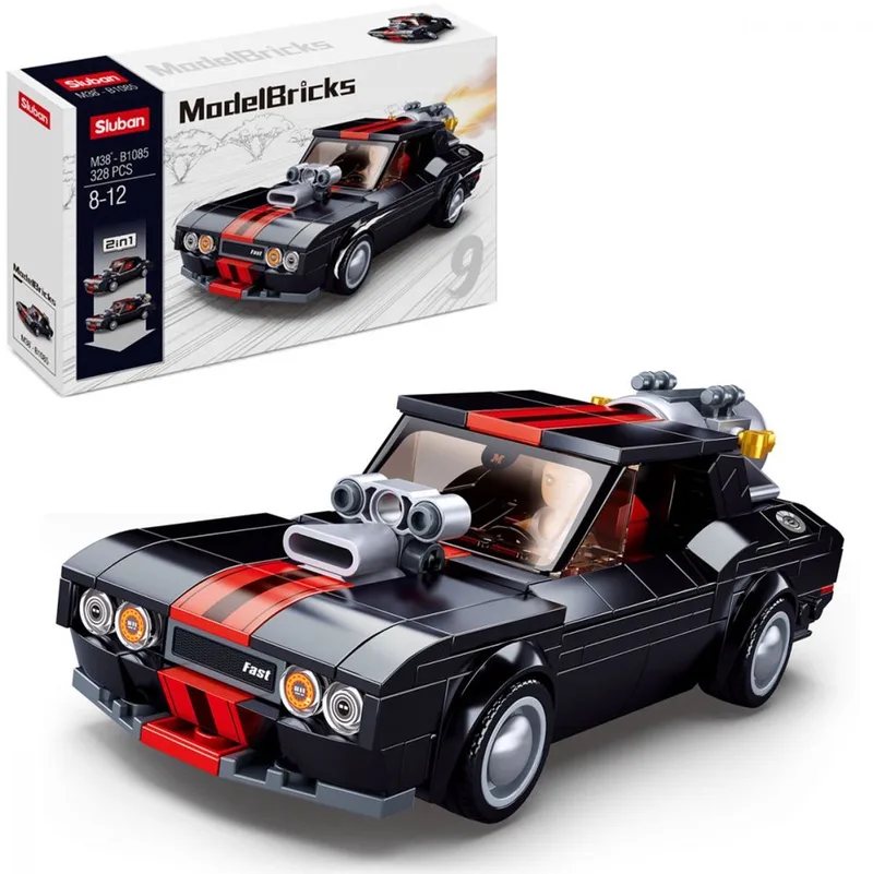 ModelBricks Straatracer auto bouwspeelgoed – Constructiespeelgoed – bouwset met 328 bouwstenen – M38‑B1085 – vanaf 8 jaar van Sluban in Straatracer zwart – productfoto