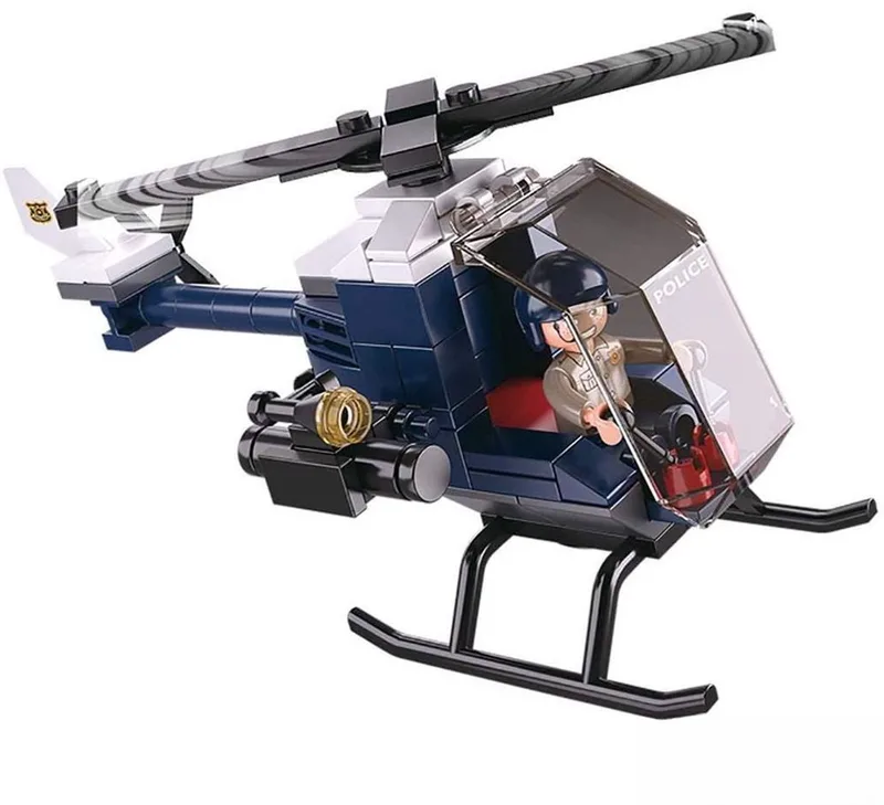 Police Helikopter bouwspeelgoed kinderen vanaf 6 jaar – Constructiespeelgoed modelbouw politiehelikopter – bouwdoos met 87 bouwstenen en 1 minifiguur – M38-B0638B de Sluban en Politie Helikopter – photo du produit