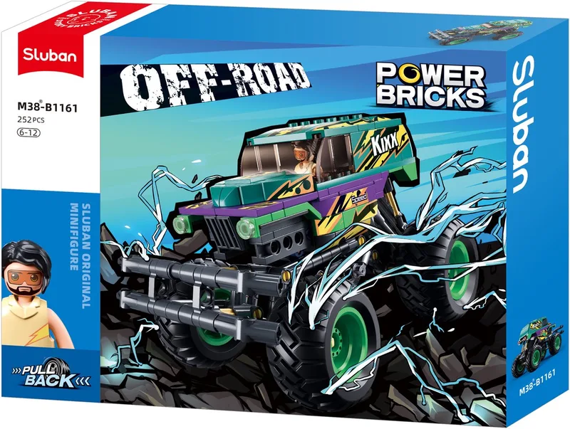 PowerBricks Bigfoot Off‑Road Paars voertuig bouwspeelgoed kinderen vanaf 6 jaar – Constructiespeelgoed bouwdoos met 252 bouwstenen – M38-B1161 by Sluban in Paars Groen – product photo