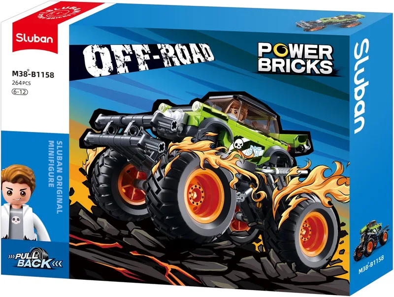 PowerBricks Bigfoot Off‑Road voertuig bouwspeelgoed kinderen vanaf 6 jaar – Constructiespeelgoed bouwdoos met 264 bouwstenen – M38-B1158 de Sluban en Groen – photo du produit