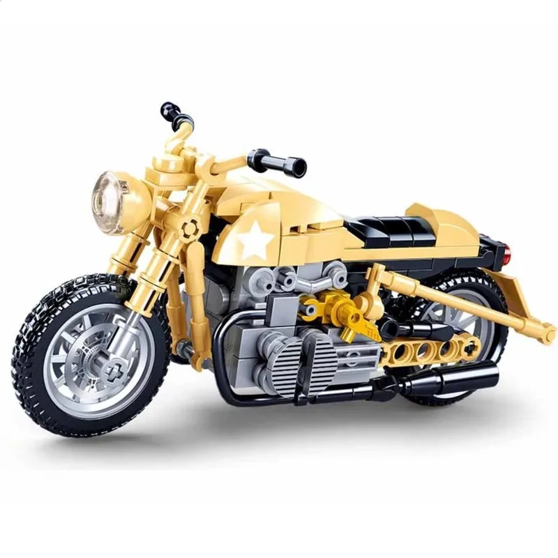 Retro Leger Motorfiets incl. display | City icons speed champions modelbouw | Classic creator f1 motorcycle bouwpakket | Technische educatief motor speelgoed voor kinderen & volwassenen | Bouwdoos met 223 bouwstenen van Sluban in Motorfiets Retro leger – productfoto