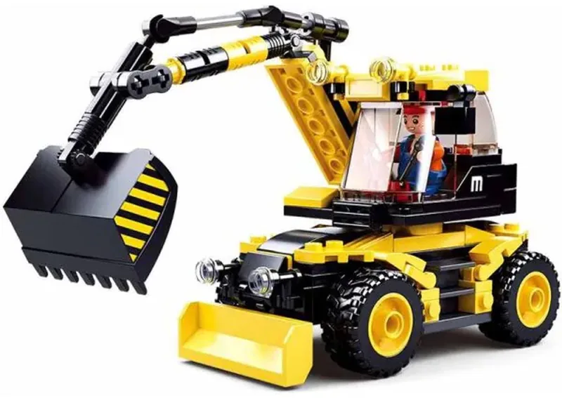 Town Graafmachine Bouwplaats bouwspeelgoed kinderen vanaf 8 jaar – Constructiespeelgoed bouwdoos met 196 bouwstenen – M38-B0805 van Sluban in Town Graafmachine met wielen – productfoto