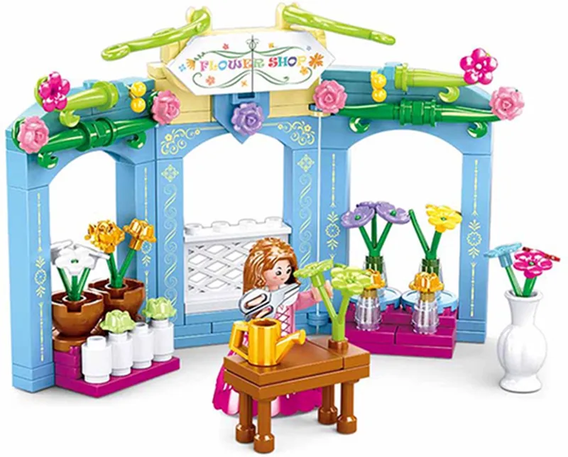 Village Periode Bloemisterij bouwspeelgoed kinderen vanaf 6 jaar – Constructiespeelgoed modelbouw bloemenwinkel – bouwdoos met 154 bouwstenen en 1 minifiguur – M38-B0905 von Sluban in Multi – Produktfoto