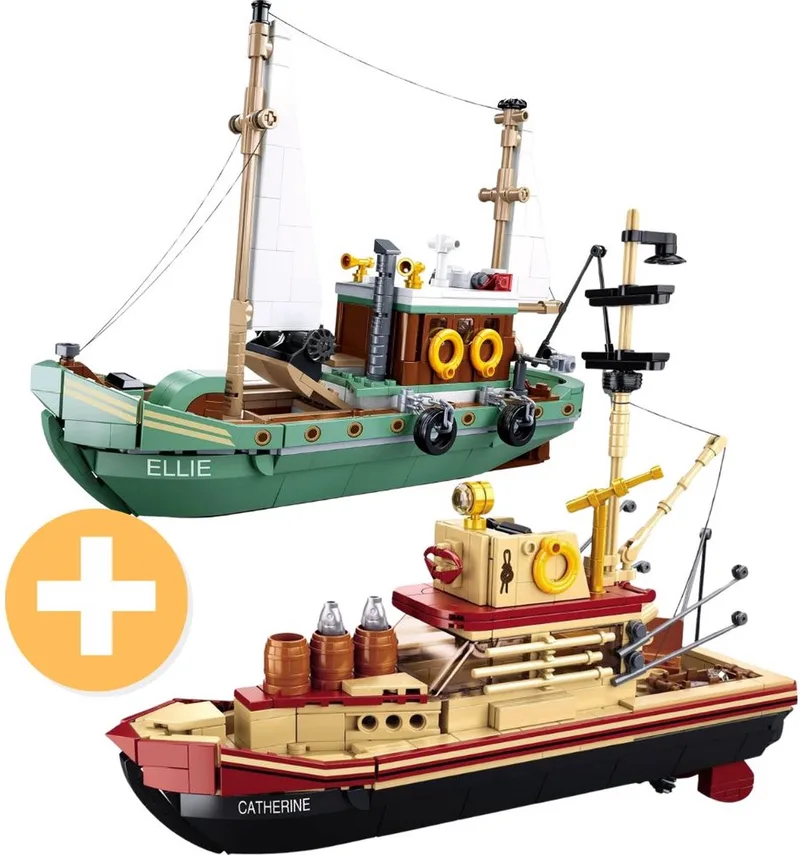 Vissers boten | Scheepvaart & zeilboot avonturen | Classic creator ideas technic | STEM educatief speelgoed bouwpakket | Schip modelbouw volwassenen & kinderen | Bekend van DVD film Jaws | Incl. haai | 1202 bouwstenen van Sluban in Vissersboten, 1202 blokjes – productfoto