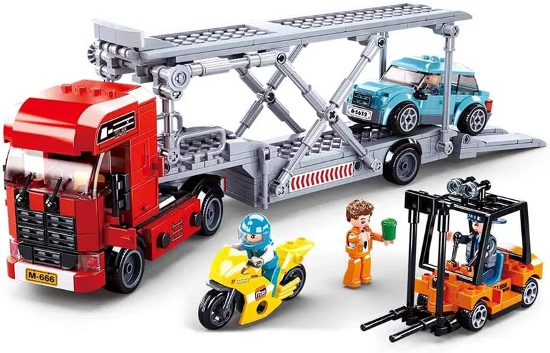 vrachtwagen bouwspeelgoed kinderen vanaf 6 jaar - Constructiespeelgoed modelbouw - bouwdoos met 581 bouwstenen - M38-B0880 van Sluban in Town Autotransporter – productfoto