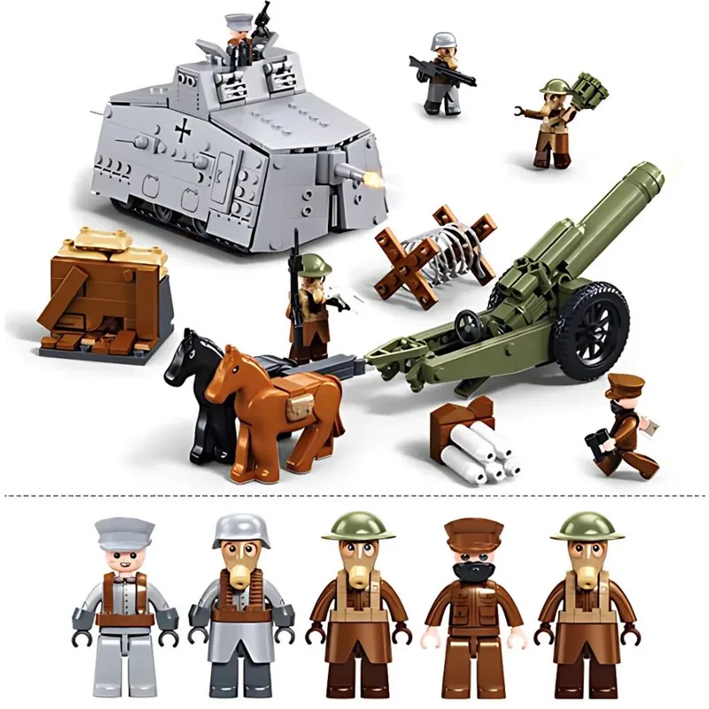 WW2 Attack Tank & Howitzer bouwspeelgoed kinderen vanaf 6 jaar – Leger army constructie speelgoed modelbouw – bouwdoos met 506 bouwstenen – M38-B1295 van Sluban in Army WWI Veldslag Leger formatie – productfoto