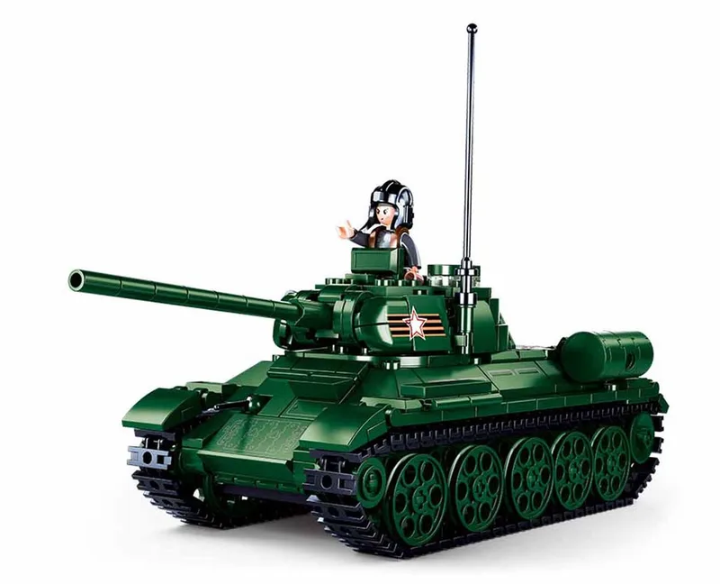 WWII T-34-85 tank bouwspeelgoed kinderen vanaf 8 jaar – Constructiespeelgoed modelbouw – bouwdoos met 497 bouwstenen – M38-B0982 van Sluban in Army WWII Tank T-34-85 – productfoto