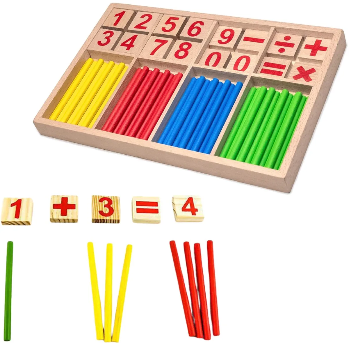 Houten teldoos - Tellen en Rekenen - Montessori speelgoed - Leren Rekenen en Tellen - Wiskunde - Duurzaam - Houten stok voor wiskunde - Educatief materiaal voor kinderen - Wiskundige Houten Stokken - Educatief Speelgoed van small foot in Meerkleurig – productfoto