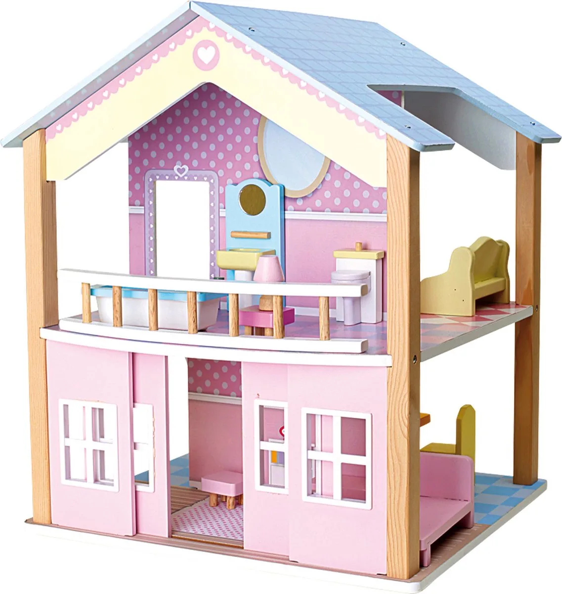 Poppenhuis - 2 verdiepingen en draaibaar + 15 meubels - Houten speelgoed vanaf 3 jaar de small foot en Bonte kleuren – photo du produit