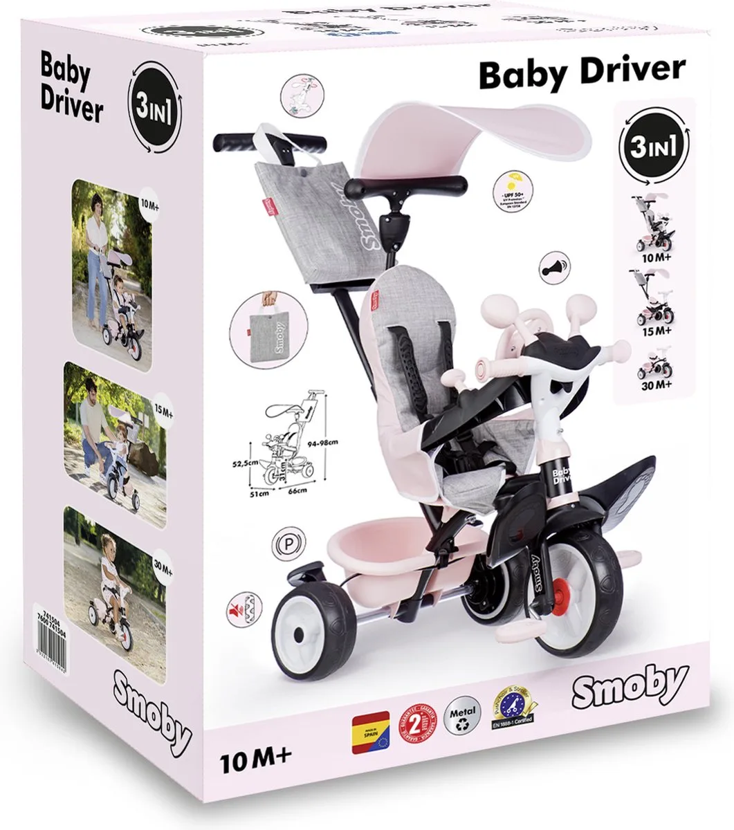 Baby Driver - Driewieler - 3 in 1 evoluerende driewielen - Vanaf 10m. van Smoby in Roze – productfoto