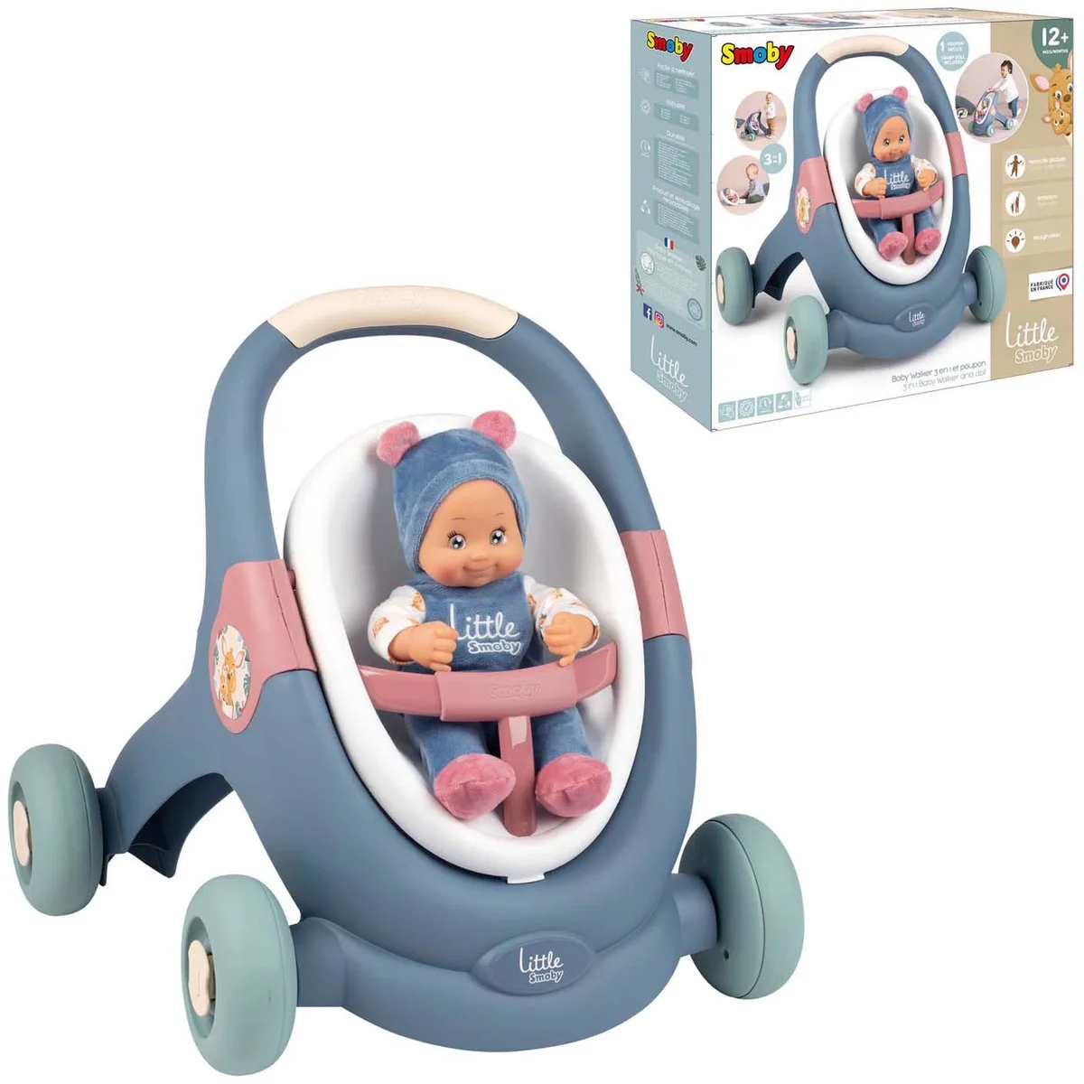 Little Smoby - Poppenwagen - 3 in 1 Loopwagen - Inclusief babypop de Smoby en Multicolore – photo du produit